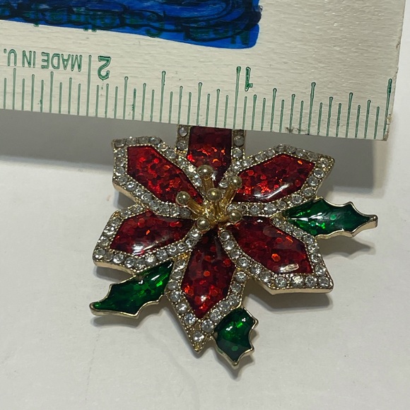 Poinsettia rhinestone encrusted pin pendant enamel Christmas flower - Picture 7 of 7
